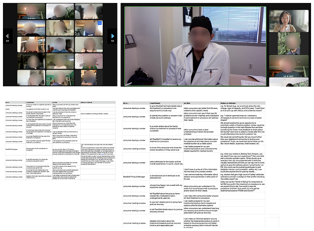 Research artifact: recorded patient interview and usability sessions alongside a language-analysis matrix mapping what patients said, what they wanted, and researcher notes — used to ground the specialty taxonomy in observed patient language rather than internally defined categories.