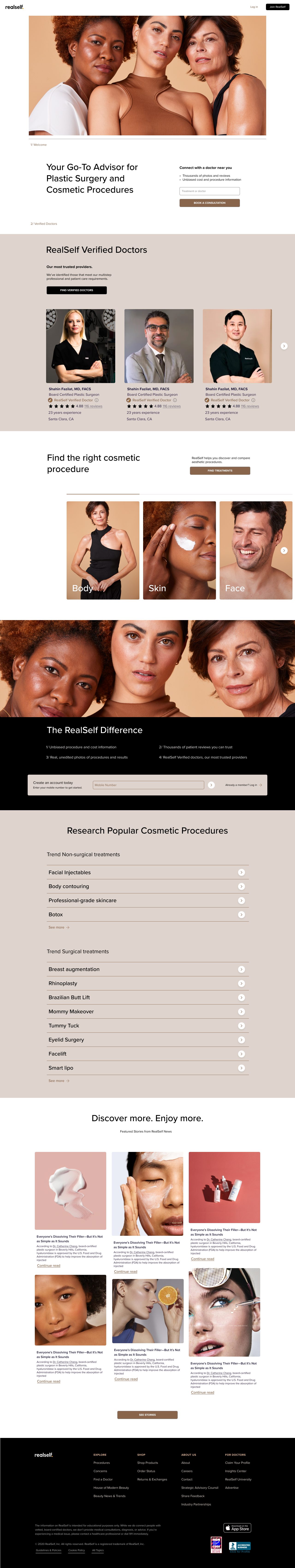 A RealSelf desktop landing page built with the shared design system: hero, verified-doctors row, treatment finder, and editorial content sections.