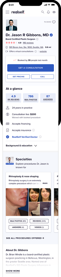 Original RealSelf provider profile, overview: doctor identity, consultation actions, At a glance stats, and Specialties.