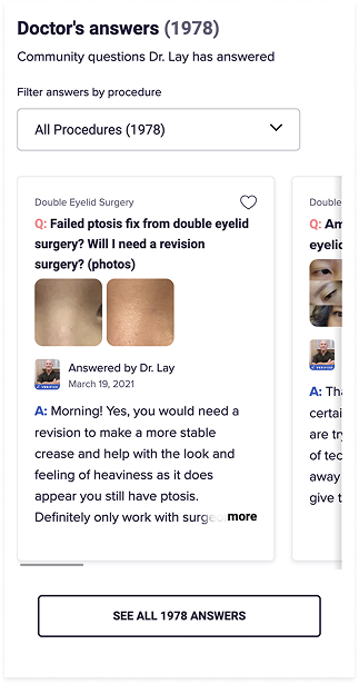 Original RealSelf Doctor's answers screen: a Doctor's answers heading with a total answer count, a Filter answers by procedure dropdown, and question-and-answer cards, each with the procedure, attached photos, and the answering doctor's verified identity.