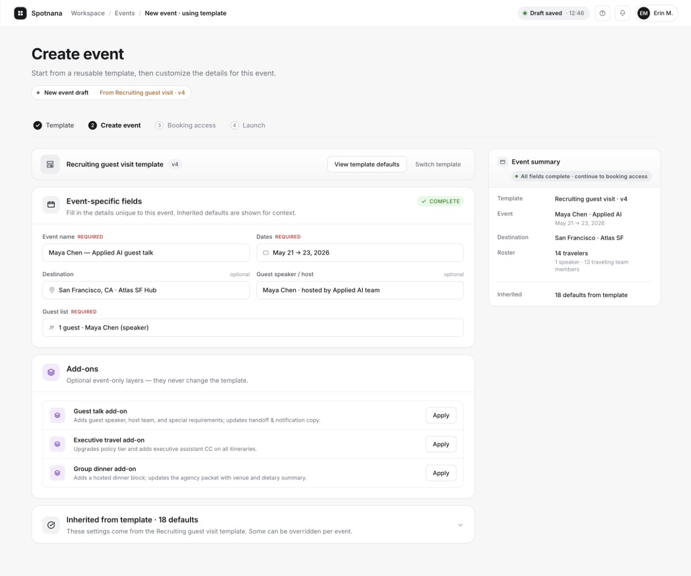 Create event — Guest talk add-on offered