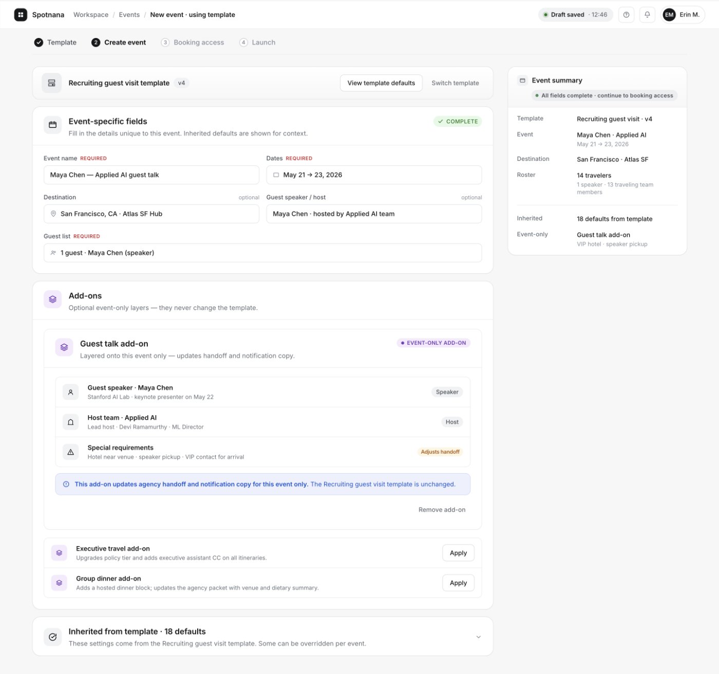 Create event — Guest talk add-on applied