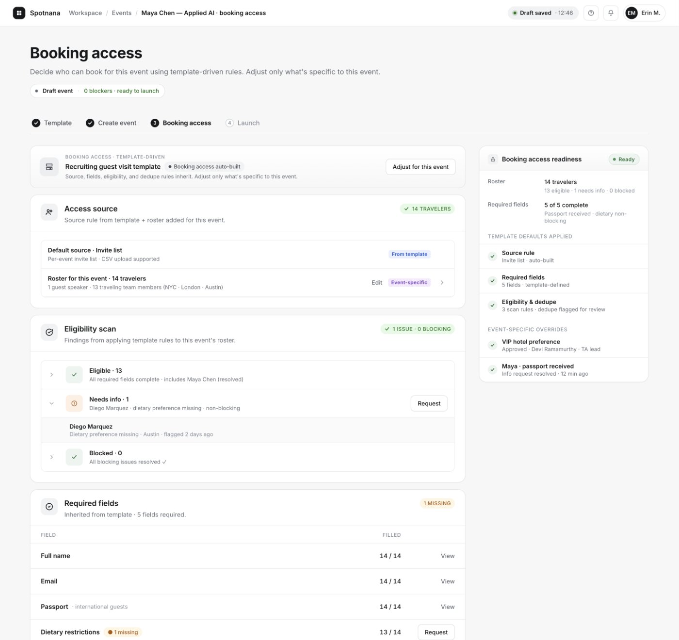 Booking access — Needs info row, Request available