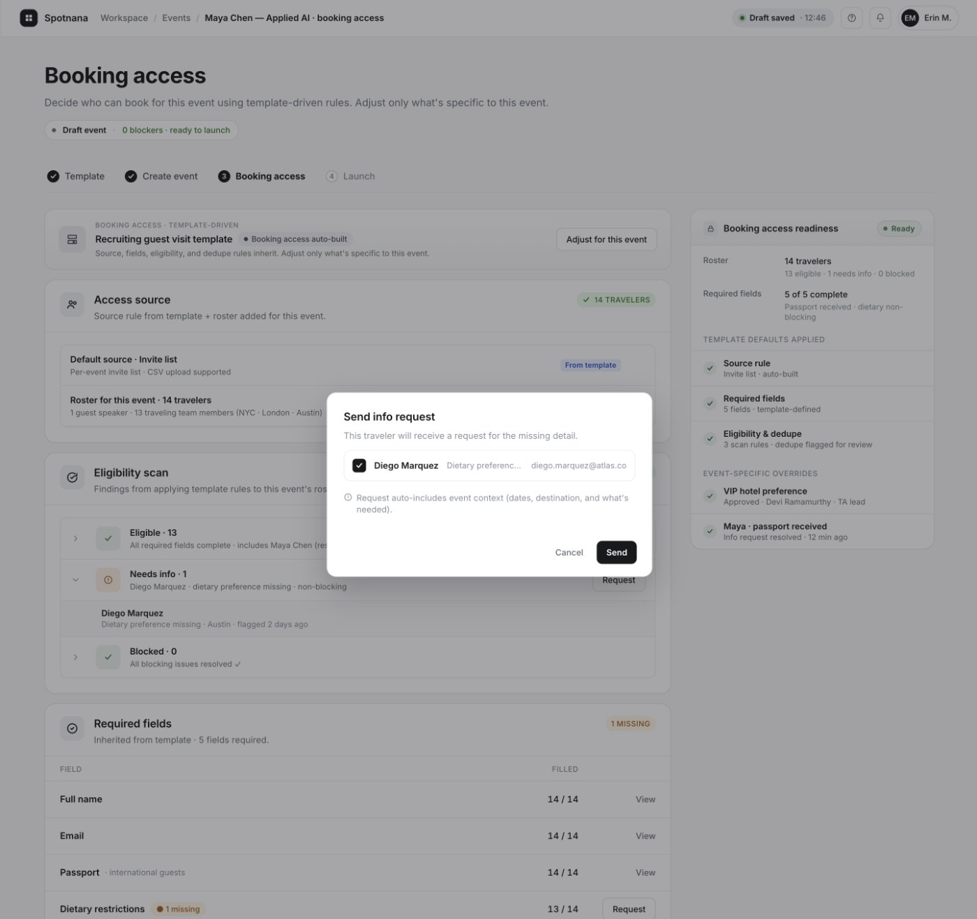 Send info request modal — Diego Marquez selected