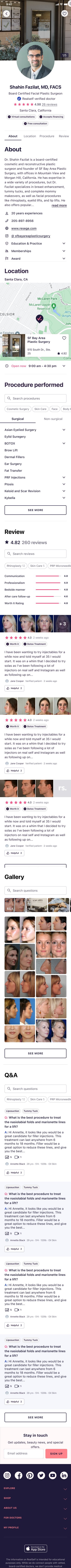 Complete redesigned RealSelf provider profile as one long page: doctor profile header, About, Location, Procedure, Review, Gallery, Q&A, newsletter signup, and footer, stacked top to bottom.