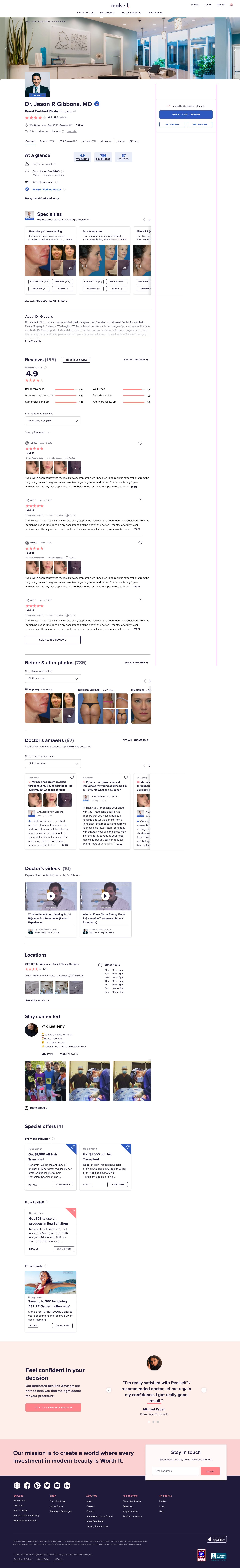 Original RealSelf desktop provider profile — a long single-column page stacking specialties, reviews, Before & After, answers, and locations.