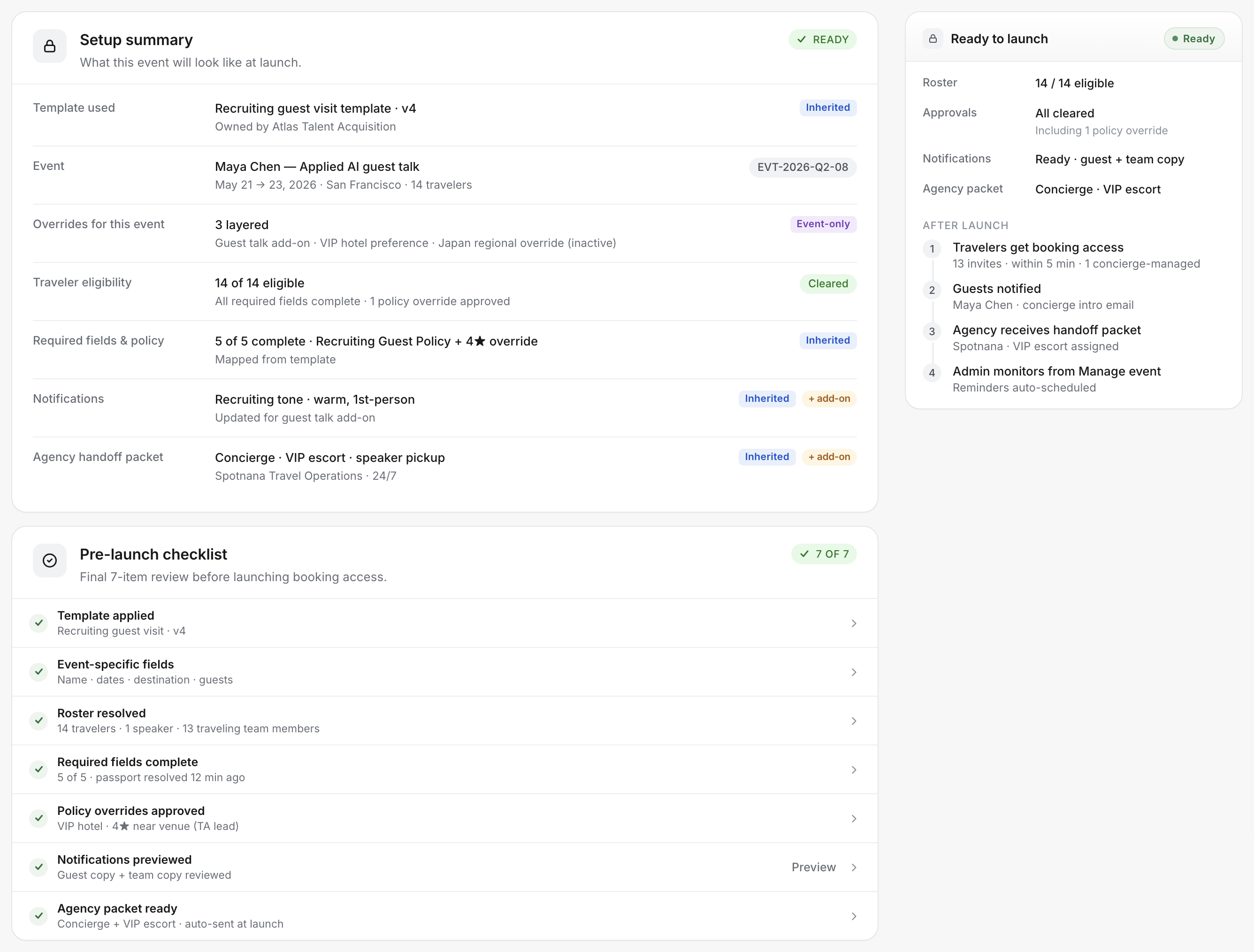 Launch content — Setup summary with Inherited and +add-on source chips per row, the 7-of-7 pre-launch checklist including the Notifications previewed row with a Preview link, and the Ready-to-launch rail.