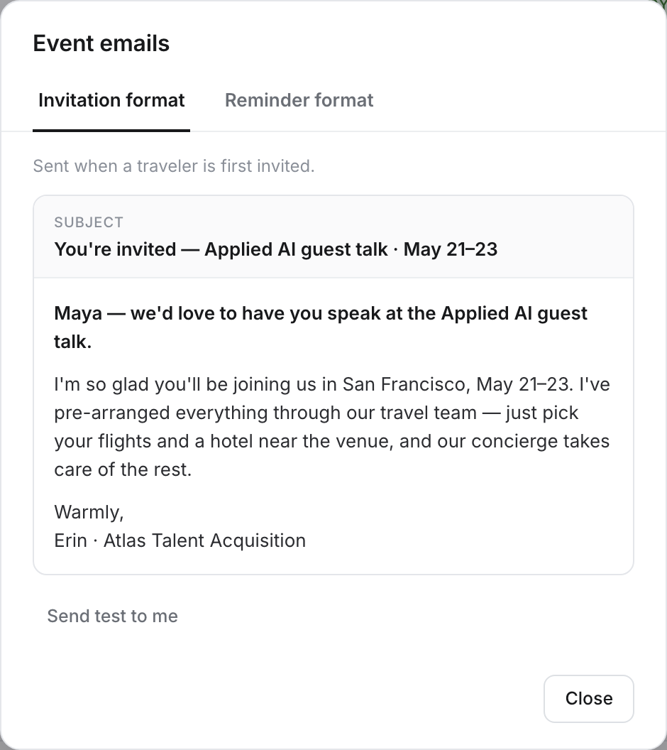 Event emails dialog — Invitation format tab. Sent when a traveler is first invited. Subject: You are invited — Applied AI guest talk, May 21–23, in the template’s warm recruiting tone.