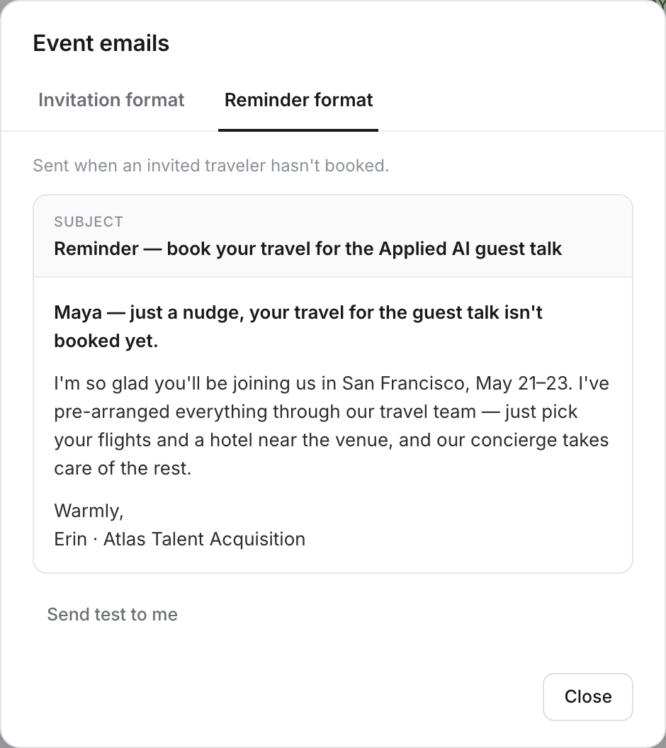 Event emails dialog — Reminder format tab. Sent when an invited traveler has not booked. Subject: Reminder — book your travel for the Applied AI guest talk.