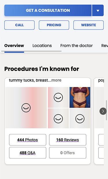 Original RealSelf provider gallery: a Procedures I'm known for horizontal carousel with a limited set of result photos and photo, review, and Q&A counts.